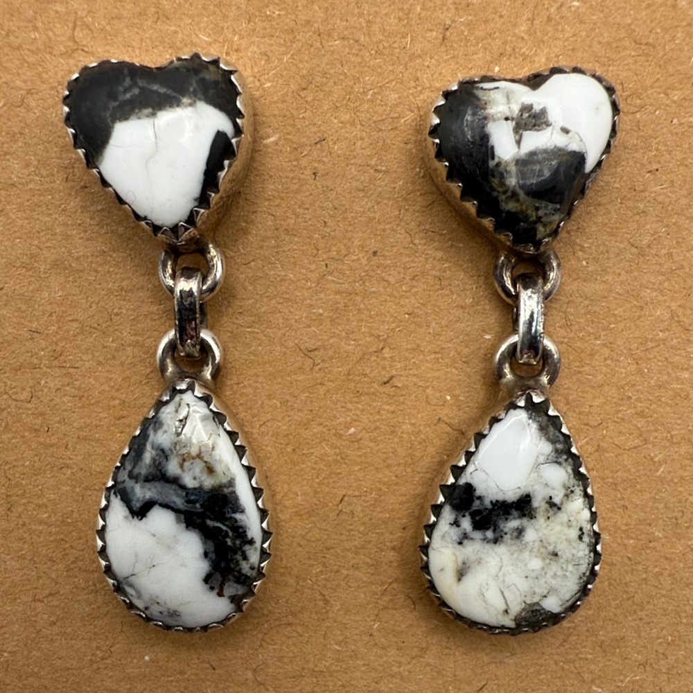New Handmade 925 Sterling Silver Heart and Teardrop White Buffalo Post Earrings
